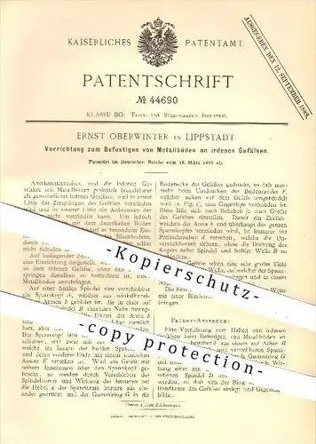 original Patent - Ernst Oberwinter , Lippstadt , 1888, Befestigen von Metallböden an Ton - Gefäßen , Tonwaren , Geschirr