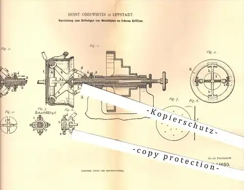 original Patent - Ernst Oberwinter , Lippstadt , 1888, Befestigen von Metallböden an Ton - Gefäßen , Tonwaren , Geschirr