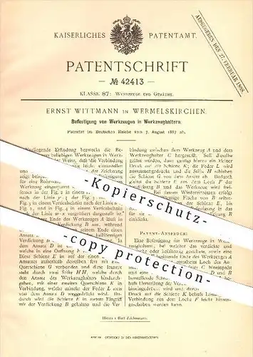 original Patent - Ernst Wittmann in Wermelskirchen , 1887 , Befestigung von Werkzeug in Werkzeughaltern , Werkzeuge !!