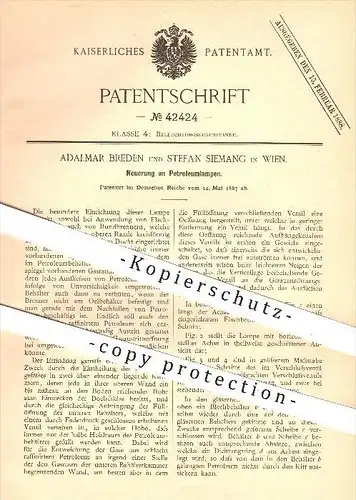 original Patent - Adalmar Breden und Stefan Siemang , Wien , 1887 , Petroleumlampen , Petroleum , Lampe , Lampen , Licht