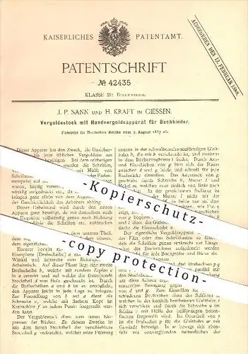 original Patent - J. P. Sann und H. Kraft in Giessen , 1887 , Vergoldestock mit Handvergoldeapparat für Buchbinder !!