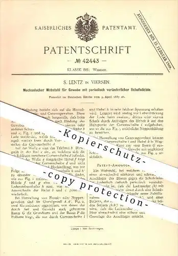 original Patent - S. Lentz in Viersen , 1887 , Mechanischer Webstuhl für Gewebe , Weberei , Weben , Weber !!!