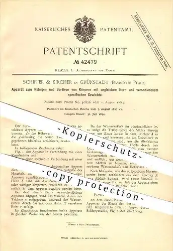 original Patent - Schiffer & Kircher , Grünstadt , 1887 , Reinigen & Sortieren von Körpern , Mühle , Mühlen , Erz , Erze