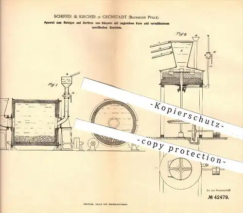 original Patent - Schiffer & Kircher , Grünstadt , 1887 , Reinigen & Sortieren von Körpern , Mühle , Mühlen , Erz , Erze