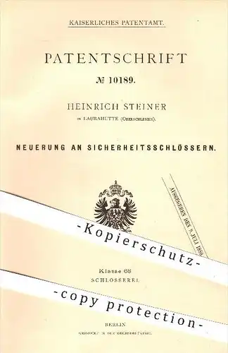 original Patent - Heinrich Steiner , Laurahütte , Oberschlesien , 1880 , Sicherheitsschloss , Schloss , Türschloss , Tür