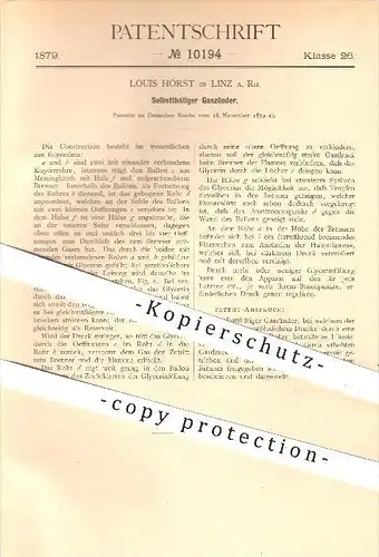 original Patent - Louis Horst in Linz , 1879 , Selbsttätiger Gaszünder , Gas , Zünder , Licht , Beleuchtung , Brenner