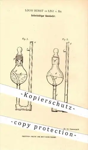 original Patent - Louis Horst in Linz , 1879 , Selbsttätiger Gaszünder , Gas , Zünder , Licht , Beleuchtung , Brenner