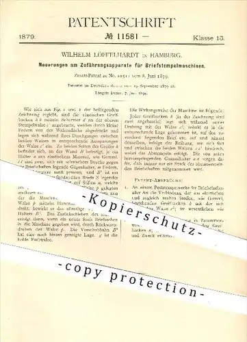 original Patent - Wilhelm Löffelhardt , Hamburg , 1879 , Zuführung für Briefstempelmaschine , Stempeln , Stempelmaschine