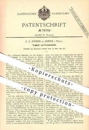 original Patent - C. A. Jörden in Rheine , 1894 , Teigteil- und Formmaschine , Teig , Bäcker , Bäckerei , Backen , Brot