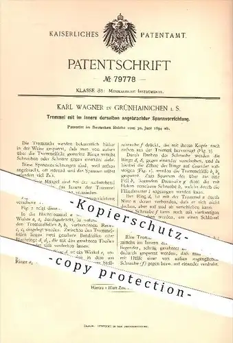 original Patent - Karl Wagner , Grünhainichen , 1894, Trommel mit Spannvorrichtung , Musik , Musikinstrumente , Trommeln