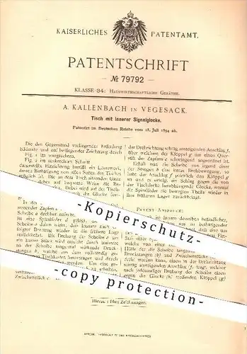 original Patent - A. Kallenbach in Vegesack , 1894 , Tisch mit innerer Signalglocke , Tische , Glocke , Klingel !!!