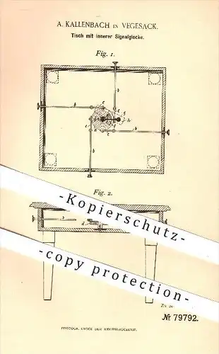 original Patent - A. Kallenbach in Vegesack , 1894 , Tisch mit innerer Signalglocke , Tische , Glocke , Klingel !!!