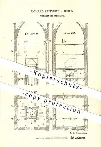original Patent - Richard Papperitz in Berlin , 1885 , Ventilation von Malzdarren , Malz , Bier , Brauerei , Darre !!
