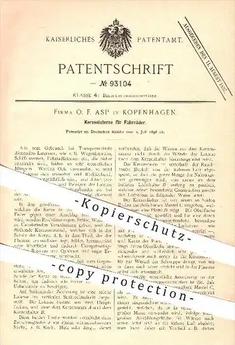 original Patent - O. F. ASP in Kopenhagen , 1896 , Kerzenlaterne für Fahrräder , Fahrrad , Beleuchtung , Licht , Lampen