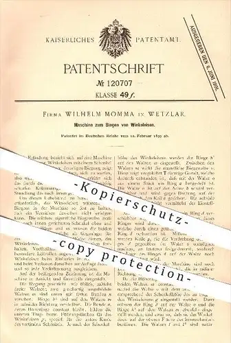 original Patent - Wilhelm Momma in Wetzlar , 1899 , Maschine zum Biegen von Winkeleisen , Eisen !!!
