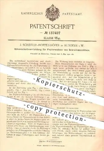 original Patent - J. Scheffer - Hoppenhöfer , Sundern , 1901 , Höhenschalter für Papierwalzen von Schreibmaschinen !!!