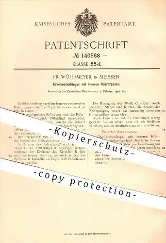 original Patent - Fr. Wöhrmeyer in Meissen , 1902 , Drehknotenfänger mit inneren Rührorganen , Papier , Papierfabrik !!!