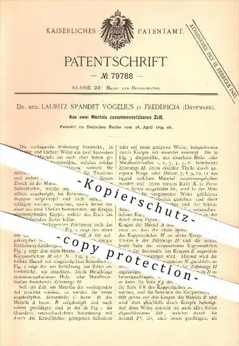 original Patent - Dr. med. Lauritz Spandet Vogelius , Frederica , Dänemark , 1894 , Aus 2 Mänteln zusammensetzbares Zelt
