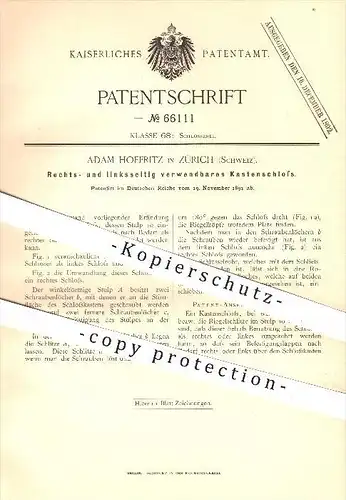 original Patent - Adam Hoffritz , Zürich , Schweiz , 1891, Rechts- o. linksseitiges Kastenschloss , Schloss , Türschloss