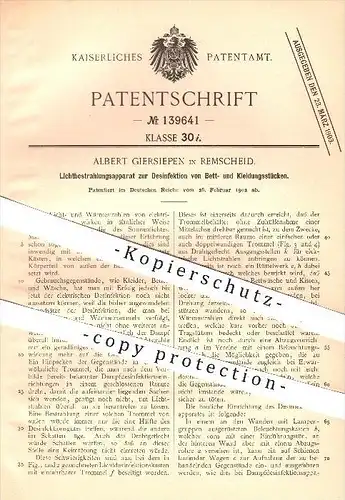 original Patent - Albert Giersiepen in Remscheid , 1902 , Lichtbestrahlung zur Desinfektion von Betten u. Kleidung !!!