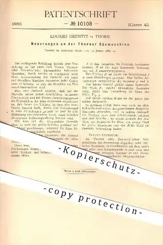 original Patent - Eduard Drewitz in Thorn , 1880 , Thorner Säemaschine , Aussaat , Saat , Säen , Landwirtschaft !!!