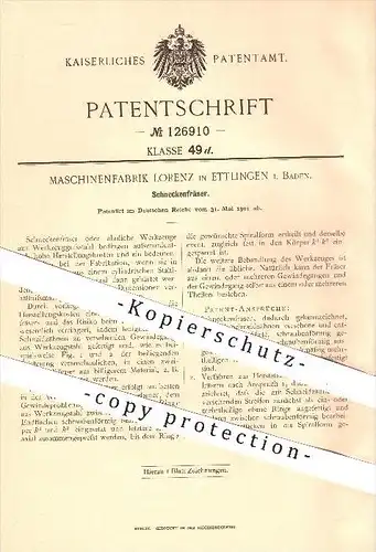 original Patent - Maschinenfabrik Lorenz , Ettlingen , Baden , 1901 , Schneckenfräser , Fräser , Fräsen , Werkzeug !!!