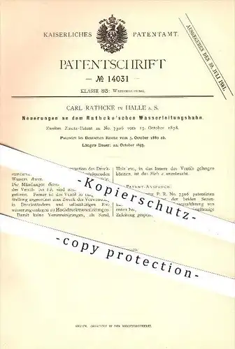 original Patent - Carl Rathcke , Halle , Saale , 1880 , Rathcke'scher Wasserleitungshahn , Wasserhahn , Wasserleitung !!