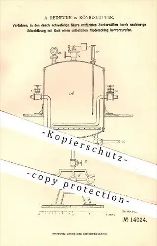 original Patent - A. Reinecke , Königslutter , 1880 , Unlöslicher Niederschlag durch Überhitzung von Zuckersaft , Zucker