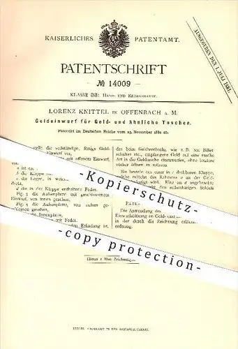 original Patent - Lorenz Knittel , Offenbach am Main , 1880 , Geldeinwurf für Geldtaschen , Taschen , Portmonnaie , Geld