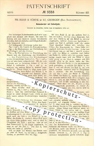 original Patent - Ph. Haas & Söhne in St. Georgen , 1879 , Kalenderuhr mit Schaltjahr , Kalender , Uhr , Uhren , Uhrwerk