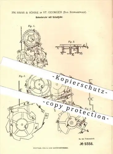 original Patent - Ph. Haas & Söhne in St. Georgen , 1879 , Kalenderuhr mit Schaltjahr , Kalender , Uhr , Uhren , Uhrwerk