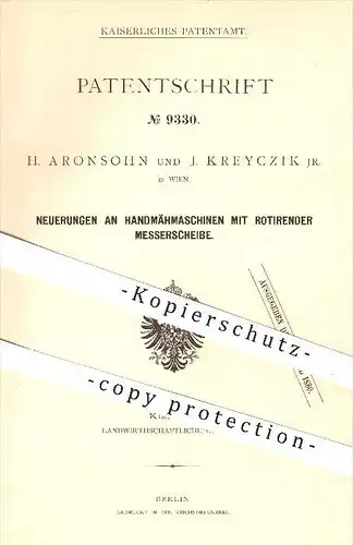 original Patent - H. Aronsohn u. J. Kreyczik , Wien , 1879 , Handmähmaschine mit rotierender Messerscheibe , Mähen !!!