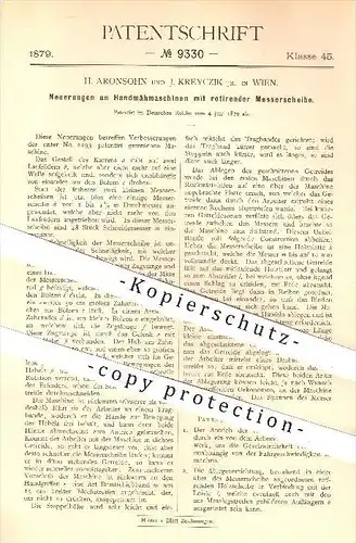 original Patent - H. Aronsohn u. J. Kreyczik , Wien , 1879 , Handmähmaschine mit rotierender Messerscheibe , Mähen !!!