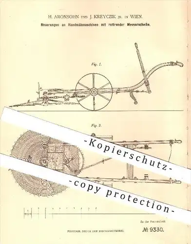 original Patent - H. Aronsohn u. J. Kreyczik , Wien , 1879 , Handmähmaschine mit rotierender Messerscheibe , Mähen !!!