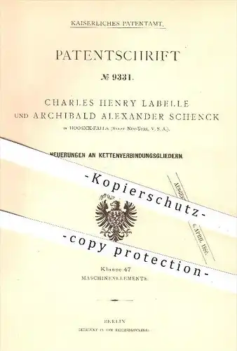 original Patent - Charles H. Labelle u. Archibald A. Schenck , Hoosick-Falls , New York , USA , 1879 , Ketten - Glieder
