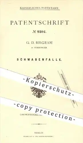 original Patent - G. D. Bilgram in Memmingen  , 1879 , Schwabenfalle , Schädlinge , Falle , Schwaben , Landwirtschaft !!