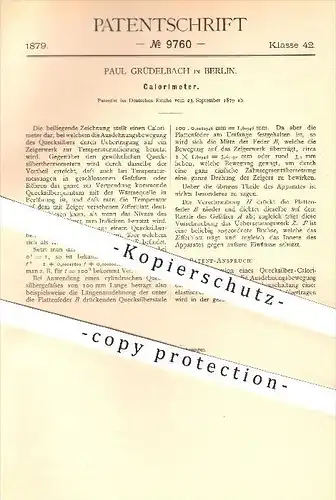 original Patent - Paul Grüdelbach in Berlin , 1879 , Calorimeter , Kalorimeter , Thermometer , Temperatur , Quecksilber