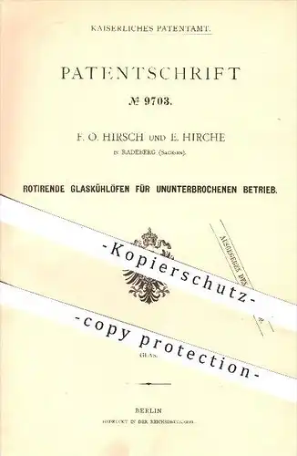 original Patent - F. O. Hirsch u. E. Hirche , Radeberg , 1879 , Rotierender Glaskühlofen , Kühlofen , Glas , Glasbläser