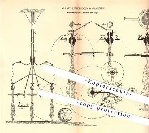 original Patent - G. Paul Litzkendorf in Glauchau , 1880 , Aufziehen der Kegel , Kegeln , Kegelbahn , Bowling , Sport !!