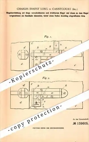Original Patent - Charles E. Long in Cannycourt , Ireland , 1902 , Lock for gates , Kilcullen , Kildare !!!
