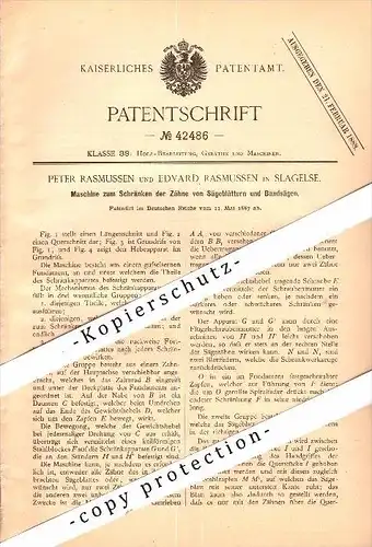 Original Patent - Peter Rasmussen in Slagelse , Dänemark , 1887 , Maschine zum Schränken von Sägen !!!