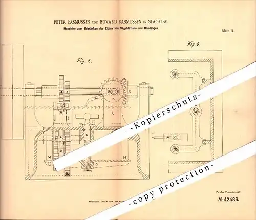 Original Patent - Peter Rasmussen in Slagelse , Dänemark , 1887 , Maschine zum Schränken von Sägen !!!
