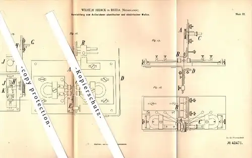 Original Patent - Wilhelm Hedick in Breda , Niederlande , 1887 , Apparat für akustische Signale und elektrische Wellen !