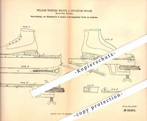 Original Patent - William Watts in Littleton House , Athlone , 1887 , Tensioning device for shoes , Ireland !!!
