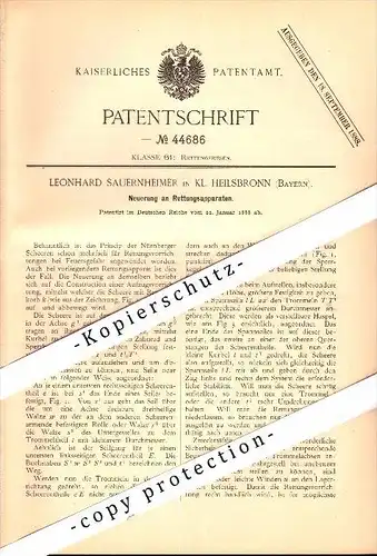 Original Patent - Leonhard Sauernheimer in Heilsbronn , Bayern , 1888 , Rettungsapparat , Feuerwehr , Feuer , Rettung !!