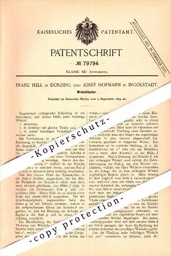 Original Patent - F. Hell und J. Hofmann in Dünzing / Vohburg a.d. Donau und Ingolstadt ,1894, Winkelteiler , Geometrie
