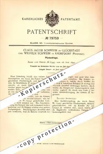 Original Patent - C.J. Schweim in Glückstadt und Krempdorf , 1894 , Striegel für Pferde , Steinburg !!!