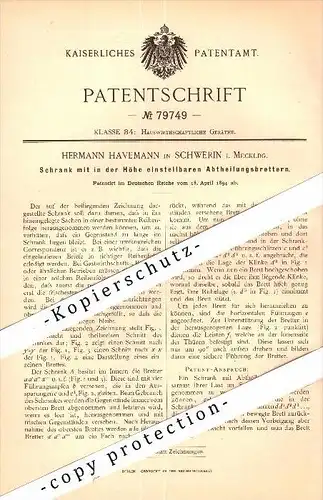 Original Patent - Hermann Havemann in Schwerin i. Mecklenburg , 1894 , Schrank mit Abteilungsbrettern , Möbel !!!