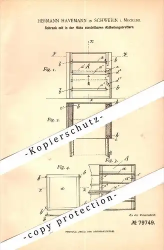 Original Patent - Hermann Havemann in Schwerin i. Mecklenburg , 1894 , Schrank mit Abteilungsbrettern , Möbel !!!