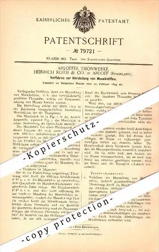 Original Patent - Arloffer Thonwerke , H. Roth & Co in Arloff b. Bad Münstereifel , 1894 , Herstellung von Mosaikstiften